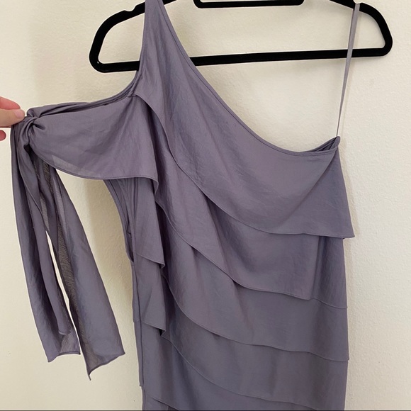 BCBG Gray 1 Shoulder Tie Sleeve Ruffle Layer Dress - Picture 6 of 10